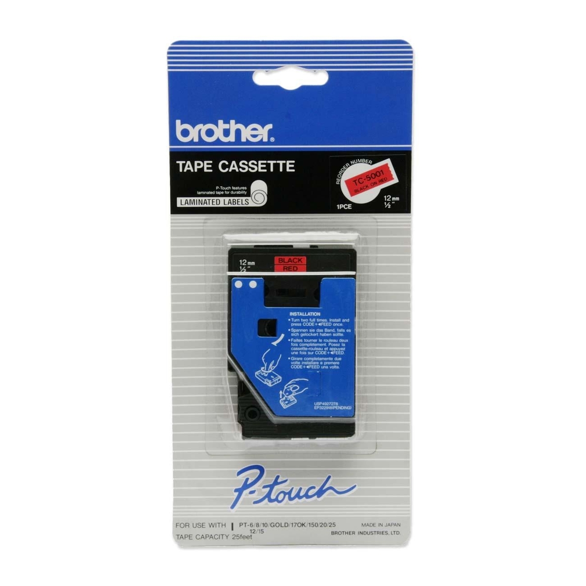 12mm (1/2) Black on Red Laminated Tape (25) (1/Pkg) For use in TC P-Touch: 6/8/10/12/12N/15/20/25/150/170 12mm (1/2) Black on Red Laminated Tape (25) (1/Pkg) For use in TC P-Touch: 6/8/10/12/12N/15/20/25/150/170