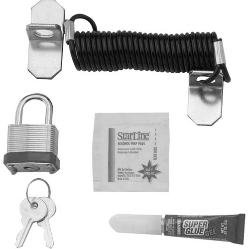 CABLE LOCK KIT. INCLUDES COILED CABLE THAT EXTENDS 6 TWO STEEL SECURITY PADS A CABLE LOCK KIT. INCLUDES COILED CABLE THAT EXTENDS 6 TWO STEEL SECURITY PADS A