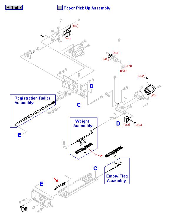 Flag lever - Lever half of the sensor flag for detecting when the ADF input tray is empty - Flag part hangs down at the entrance to the ADF paper pickup assembly Flag lever - Lever half of the sensor flag for detecting when the ADF input tray is empty - Flag part hangs down at the entrance to the ADF paper pickup assembly