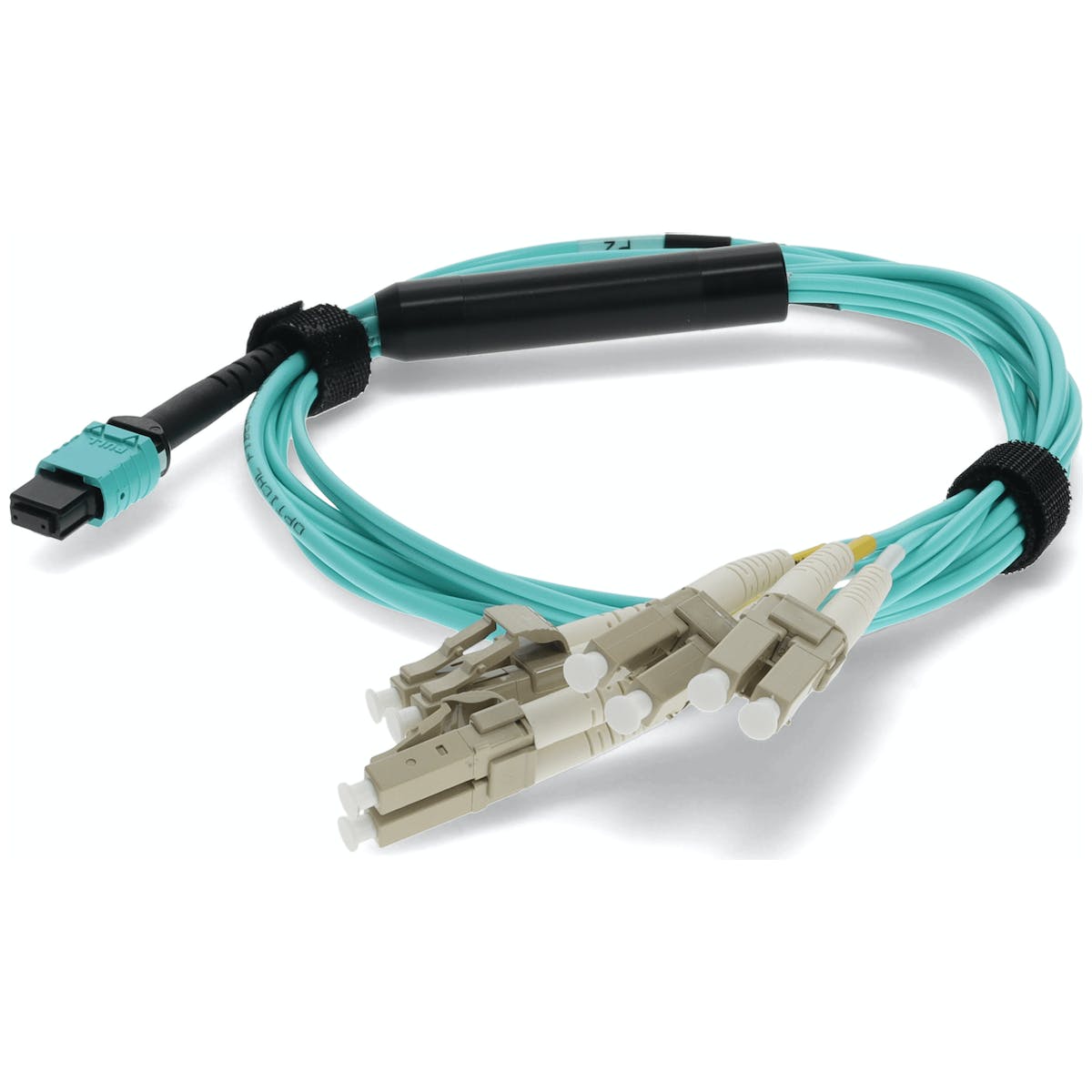 THIS IS A 10M MPO (FEMALE) TO 8XLC (MALE) 8-STRAND AQUA RISER-RATED FIBER FANOUT THIS IS A 10M MPO (FEMALE) TO 8XLC (MALE) 8-STRAND AQUA RISER-RATED FIBER FANOUT