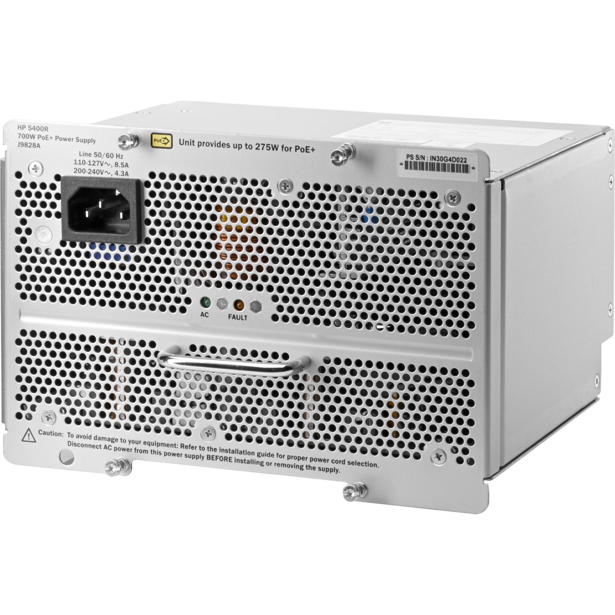 5400R zl2 700W POE+ AC power supply - Installs in the switch chassis as primary or redundant supply for load sharing or POE power (up to 275W) - Requires 100-127VAC or 200-240VAC at 50-60Hz - Recommended to use the same model power supplies in a system 5400R zl2 700W POE+ AC power supply - Installs in the switch chassis as primary or redundant supply for load sharing or POE power (up to 275W) - Requires 100-127VAC or 200-240VAC at 50-60Hz - Recommended to use the same model power supplies in a system